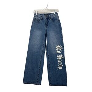 Ed Hardy Women Wide Leg Jeans Blue Tattoo Graphic Born Free Cinch Back 24